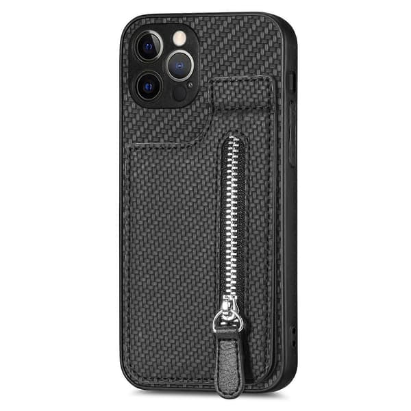 Til iPhone 12 Pro Max kulfiber lodret flip lynlås telefonetui