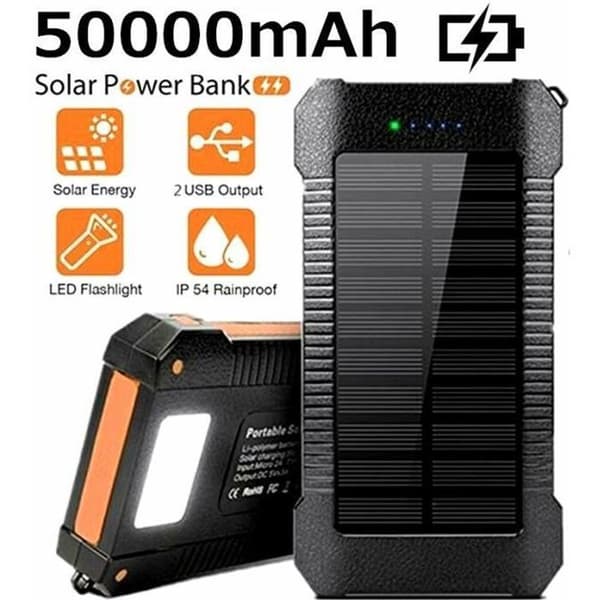 Kaide® 50000mAh bærbar solcellebatteri - Oransje - 2 USB-porter - Vanntett LED-lys