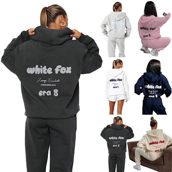 Dam Vit Fox Hoodies Träningsoverall Tryckt Sweatshirt Toppar Joggers Byxor Set Sport Jogger Streetwear Vit White 2XL