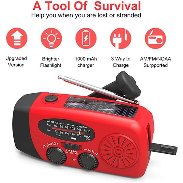 Röd vevradio med solceller, ficklampa och 2000mAh Powerbank Nödr Röd one size