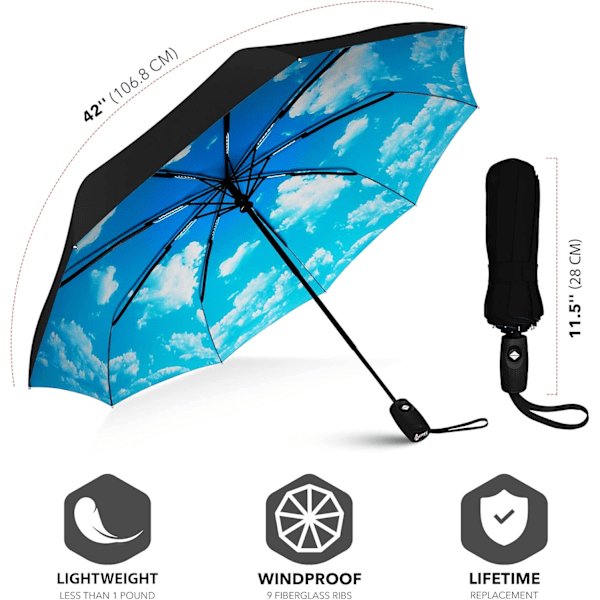 Repel Vindtæt Rejseparasol - Automatisk Åbning og Lukning, Holdbar & Kompakt Parasol, Stærk Fiberglasramme, Vandafvisende Blue Sky