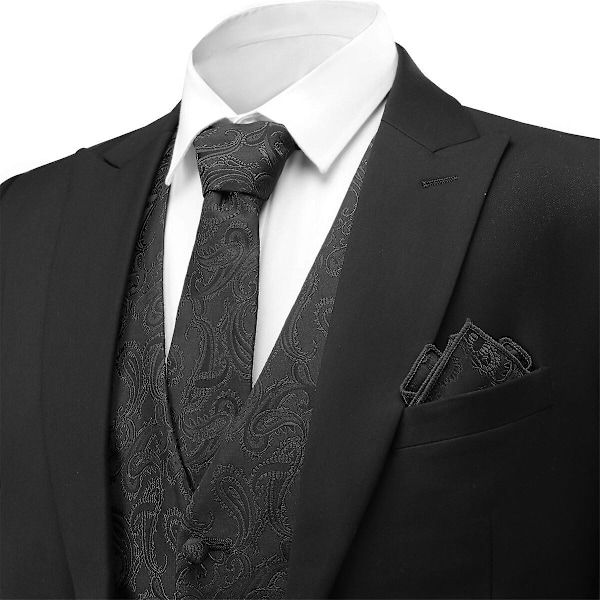 Herre 3-delt Vest Slips Sæt Bryllup Paisley Jacquard Jakkesæt Veste&Slips&Lommetørklæde Black M