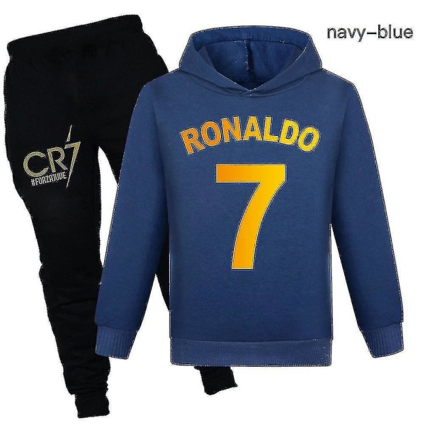 Barns pojkar och flickor Ronaldo printed långärmad luvtröja + byxor Casual Set Sportkläder Dark blue 9-10 Years