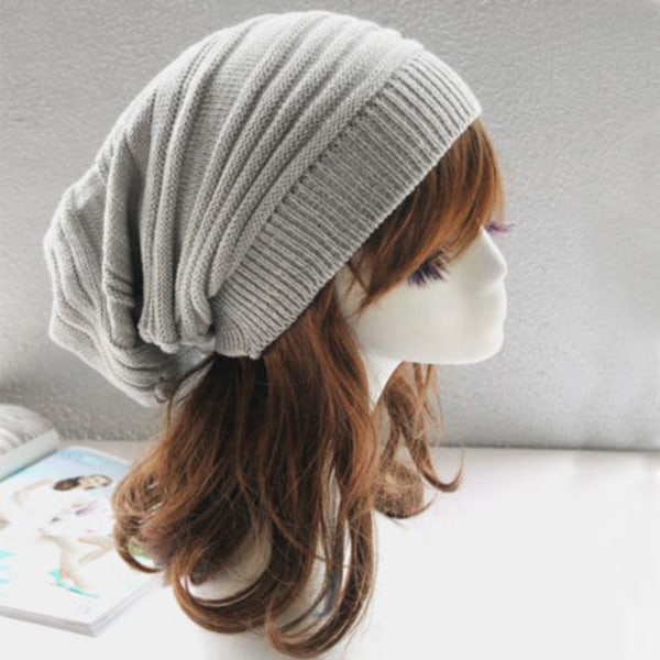 Hettelue i strikk for kvinner, slouchy beanie, vinterlue, casual ullhatt Grey - White