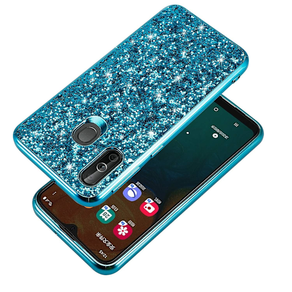 Glitrende Sekvens Elektroplettering TPU Ramme + PC Bakside Telefondeksel for Samsung Galaxy A40 Blue