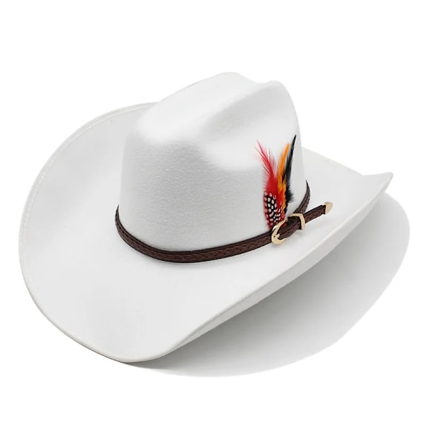 Retro Fjær Tibetansk Stil Imitert Kasjmir Kvinner Menn Stor Bredbremmet Yellowstone Cowboy Westernhatt Cowgirl Caps 56 59cm White