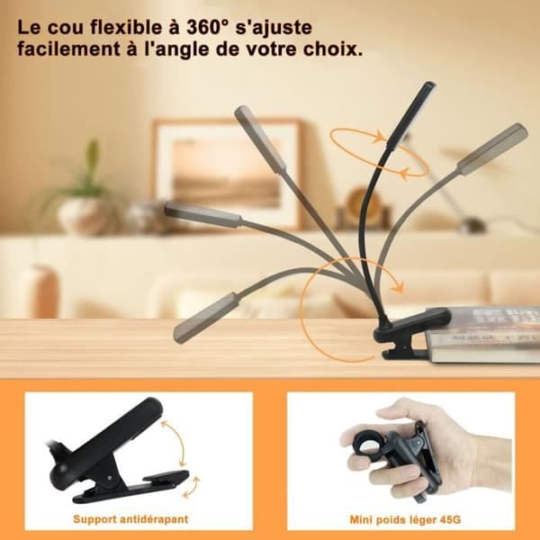 AUDBURN Genopladelig Læselampe - LED 3 Tilstande, USB, Bærbar, Sort