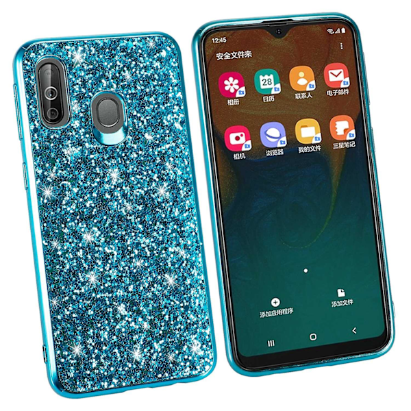 Glimtende Sequins Elektroplettering TPU Ramme+PC Bagside Telefon Cover til Samsung Galaxy A40 Blue