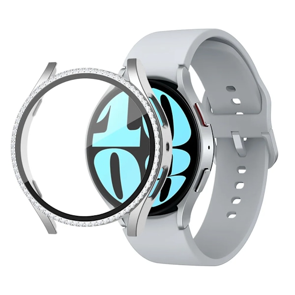 Glas+Etui til Samsung Galaxy Watch 6 40mm 44mm Tilbehør Bling PC Bumper+Skærmbeskytter Galaxy watch 6 Cover Etui Sølv Sølv silver galaxy watch 6 40mm