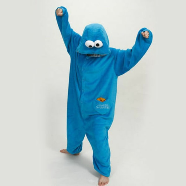 Vuxen Sesam Street Cookie Monster kostym pyjamas outfit blå blue S