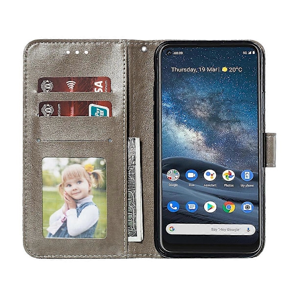 Yhteensopiva Nokia 8.3 5G pitsikukkakuvio kohokuvioitu vaakasuora läppä nahkakotelo pidikkeellä ja korttipaikoilla ja lompakolla ja valokuvakehyksellä Grey
