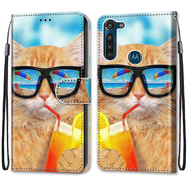 Yhteensopiva Motorola Moto G8 Power -puhelimen kanssa, värillinen piirros, ristikkäinen kuvio, vaakasuuntainen läppä PU-nahkakotelo pidikkeellä, korttipaikoilla, lompakolla ja kaulanauhalla Cat Drinking Soda