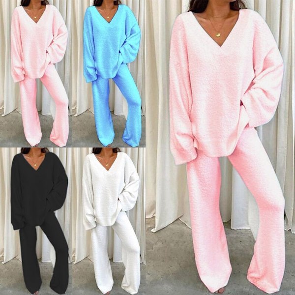 Dames Polar Fleece V-Hals Lounge Set Hvid Todelt Bredbenet White 3XL