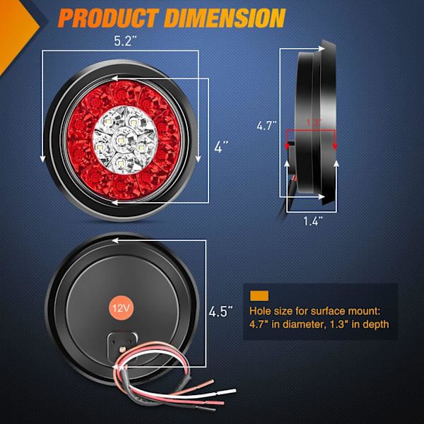 2 kpl 4” pyöreät punavalkoiset LED-perävaunun takavalot 16 LEDillä, upotettava M