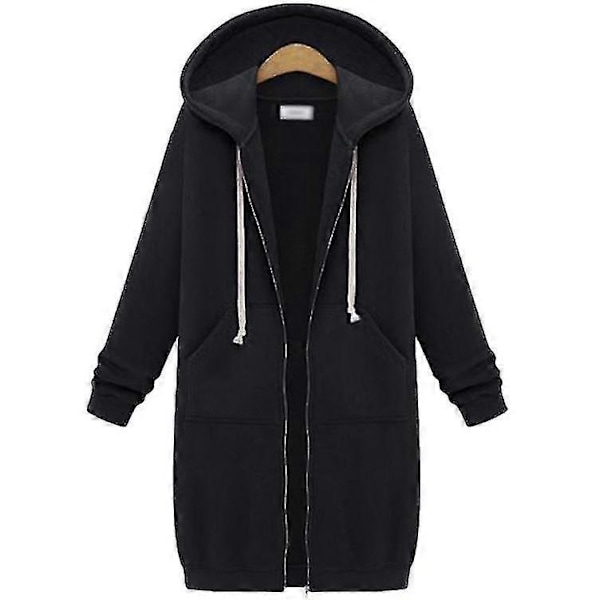 Dame Casual Fleece Hættetrøjer med Lynlås Tunika Sweatshirt Lang Jakke Yw Black S