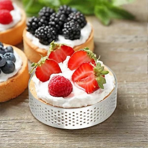 8-pack 16 cm cirkulära tårtringar med hål, rostfritt stål, fruktpaj, quicher, kakmousseform, köksbakform Silver