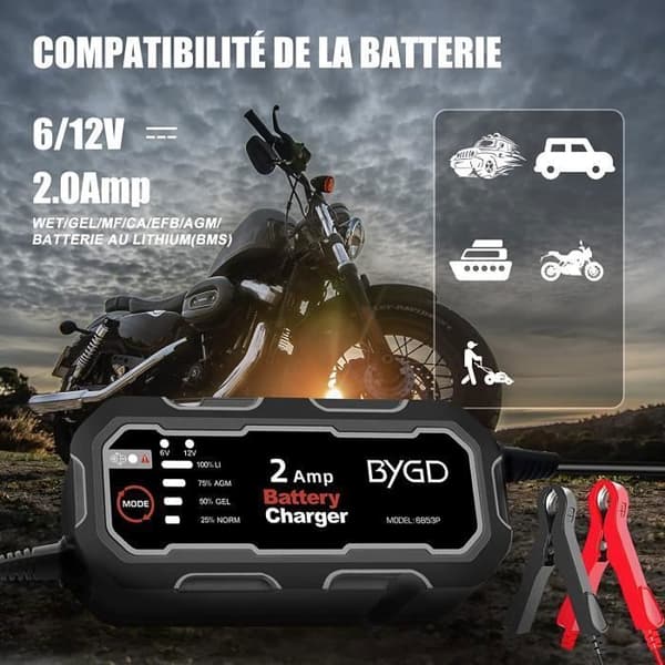 Batterilader - PZCC - 6V 12V - Intelligent Automatisk - 2000mA - Universell