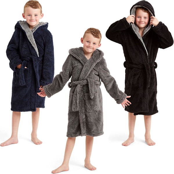 Mjuk Fleece Badrock med Huva för Barn Pojkar 5-14 År Black/Grey 7-8 Yrs