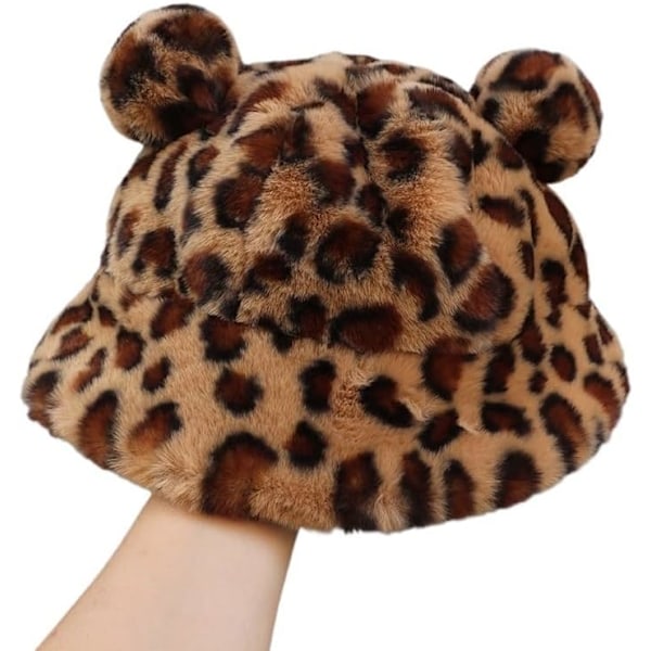 Høst-Vinter Leopard Bucket Hat med Bjørnører, Plysjball, Myk Varmt Tykt Anti-Sink Bucket Hat leopardmønster leopardmönster One size