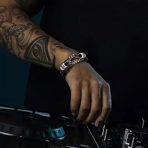 Retro Faux Läder Gitarrarmband, Zinklegering Rockmusik Gitarr Läderarmband Black