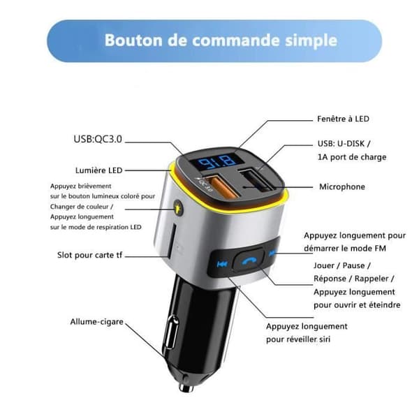 Bluetooth FM-sender, QC3.0 FM håndfri sender Bluetooth-sæt bilradioadapteroplader, farverigt lys