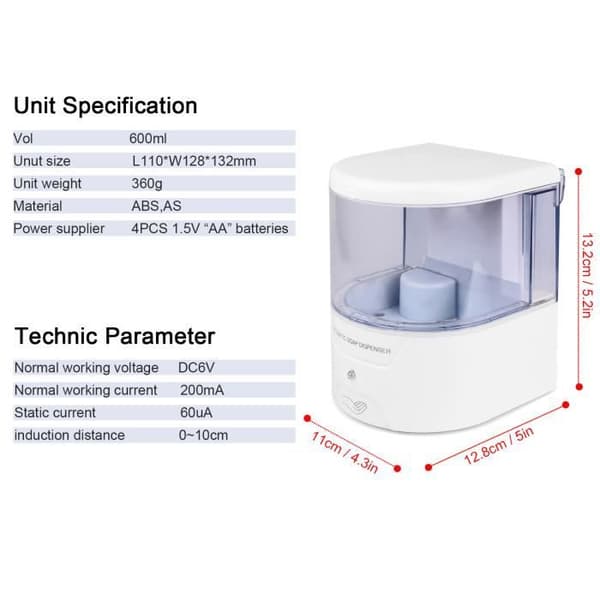 Sæbedispenser - IR-sensor - 600 ml - Automatisk - Infrarød - Berøringsfri
