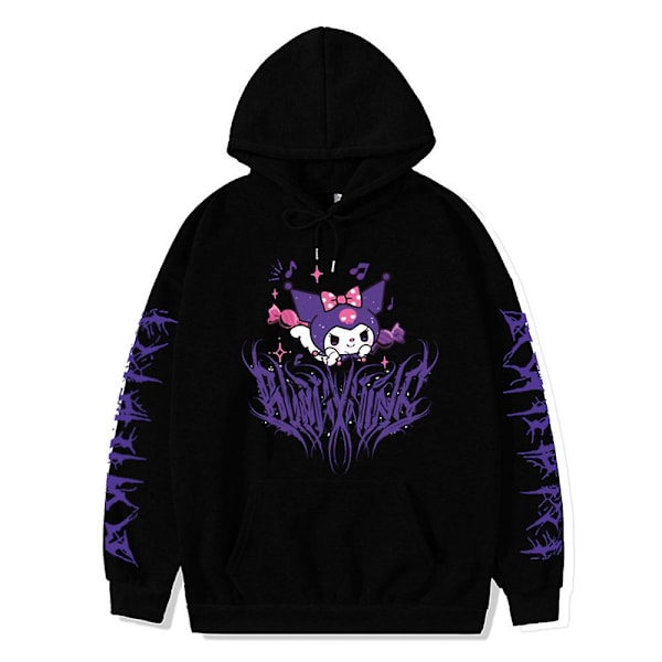 Söt Kuromi tecknad tryck huvtröja Anime Kawaii långärmad huvtröjor Casual Pullover toppar för kvinnor Svart Black 2XL