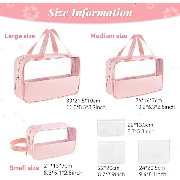 PVC-kosmetikpåsar med handtag, set, bärbar transparent toalettväska vattentät Pink