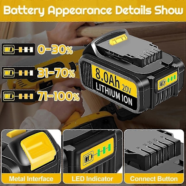 Kompatibel 2-pakning 8.0ah 20v/18v Dcb184 Erstatning for Dewalt Batteri + 4a Lader Kompatibel med Dewalt Batteri og Lader Dcb180 Dcb181 Dcb-182 Dcb 3