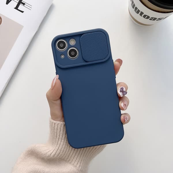 [KK]Compatible with iPhone 14; Blue shockproof silicone case with iPhone, solid color sliding camera cover, soft and comfortable. blu blue iPhone 14