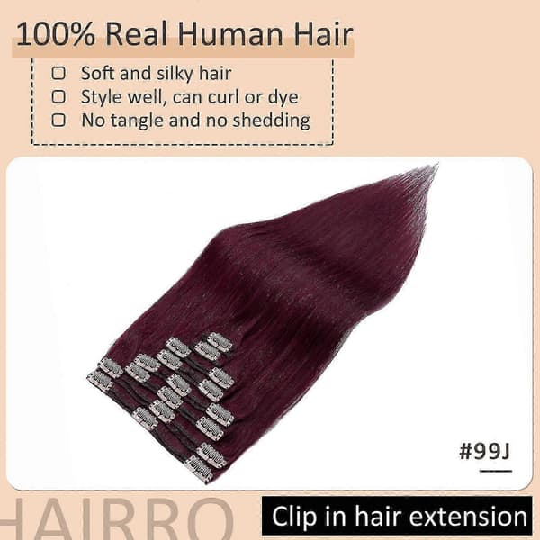 Vinrøde 20\" ægte hår extensions til kvinder, 150g Double Weft Clip-In Full Head Sæt