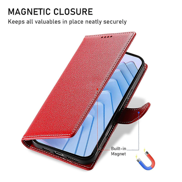 Xiaomi Redmi Note 14 5G -kotelo, nahkainen magneettilukko, lompakkoteline, puhelinkotelo rannehihnalla Multicolor Red