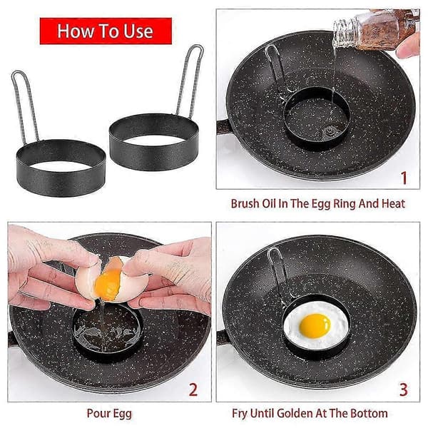 6-pakning eggering, runde eggeringer i rustfritt stål, non-stick stekepanneformer black