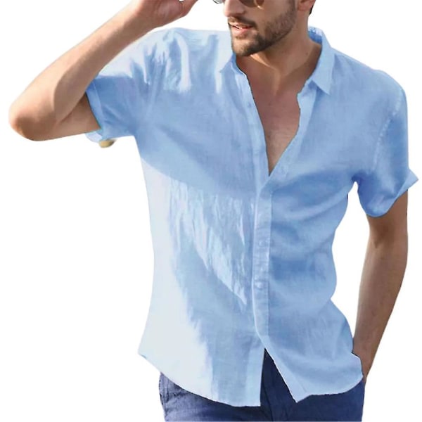 Herrtröjor Summer Beach Kortärmad Button-down Casual Shirt Blå M