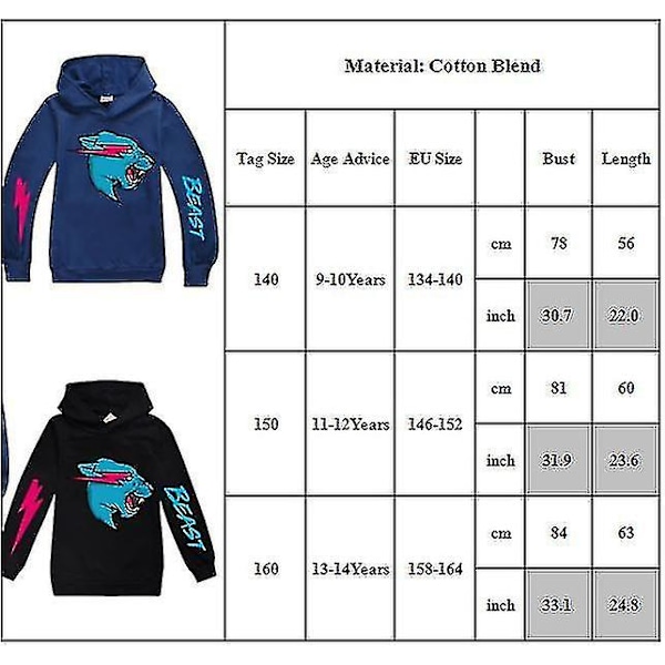 Unisex Børne Mr. Beast Lyn Kat Print Hoodie Top Træningsdragt Sort Sort Black 11-12 Years