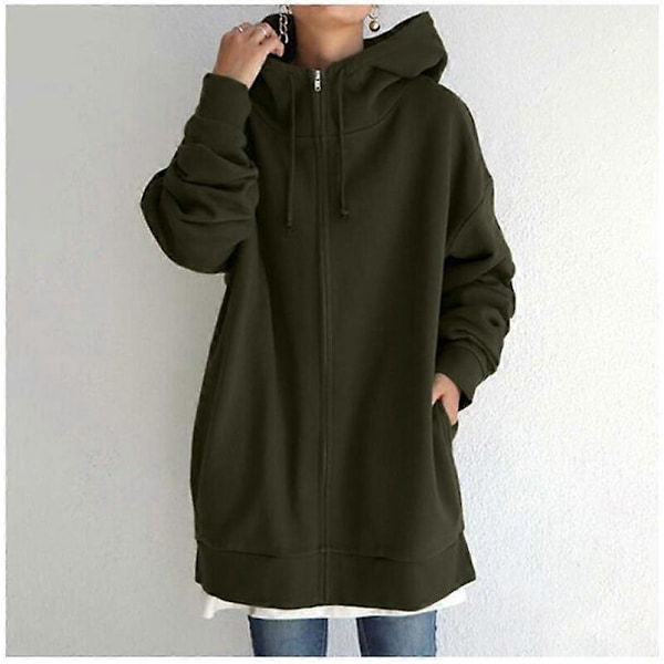 Dame Lang Hættetrøje Tunika Vinter Varm Fleece Jakker Casual Oversize Sweatshirt Frakke Lynlås Hættetrøjer Med Lommer Army-Green S