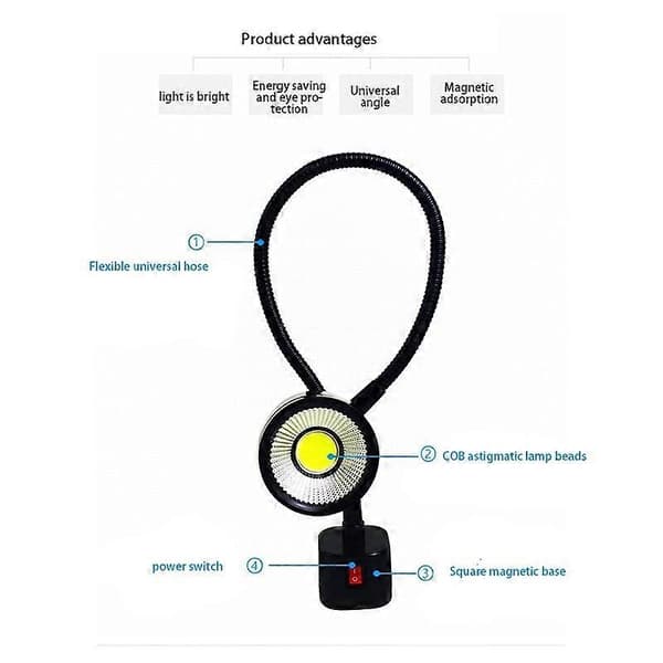 LED magnetisk base svanehalslampe 220V 5W til drejebænkebelysning, EU-stik 44 Plastic