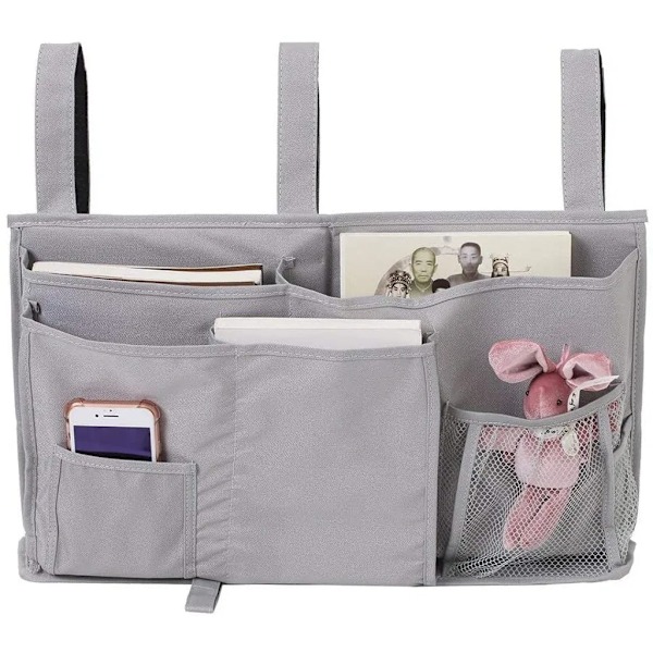 Sengpose Bed Organizer Loft Bed Oppbevaringspose for Bok, Magasin, Leke, Mobiltelefon, Hodetelefoner (Grå)