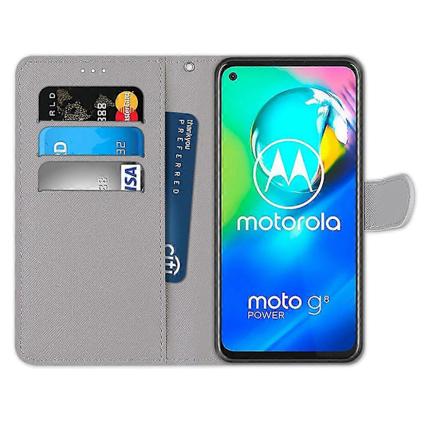 Yhteensopiva Motorola Moto G8 Power -puhelimen kanssa, värillinen piirros, ristikkäinen kuvio, vaakasuuntainen läppä PU-nahkakotelo pidikkeellä, korttipaikoilla, lompakolla ja kaulanauhalla Cat Drinking Soda