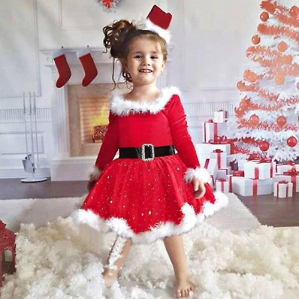 Flickors nya klänning jul fleece långärmad stjärnmesh barnklänning prinsessklänning rosett (stor - lämplig för 4-5 år)