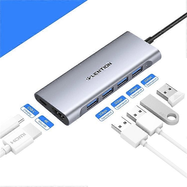 LENTION C35H-1M USB-C Hub -muunnin, moniporttinen telakointiasema, Type-C - 4 USB-A3.0+HD+PD -adapteri, yhteensopiva macOS:n ja Windowsin kanssa Grey