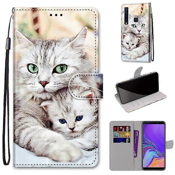 Samsung Galaxy A9 2018 -puhelimelle värillinen kuvioitu ristikkäinen vaakasuuntainen PU-nahkakotelo pidikkeellä, korttipaikoilla, lompakolla ja kaulanauhalla Big Cat Hugging Kitten