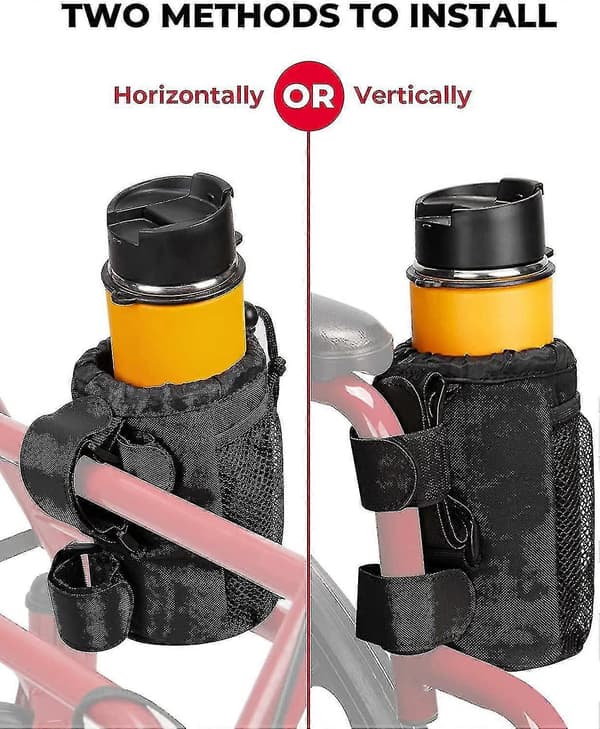 Kopholder til Rollator/Rullestol - Universal Drikkholder, Vandflaskeholder med Netlommer, Sort