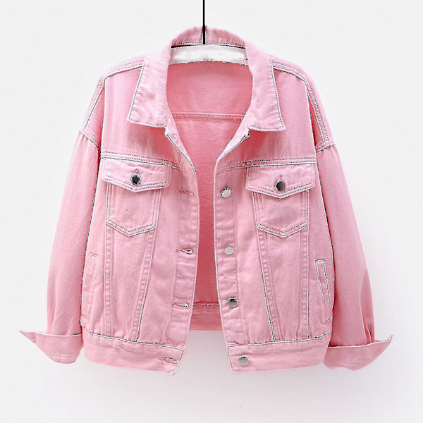 Dam Vår Och Höst Jackor Varma Enfärgade Långärmade Jeansjackor Ytterkläder Pink S