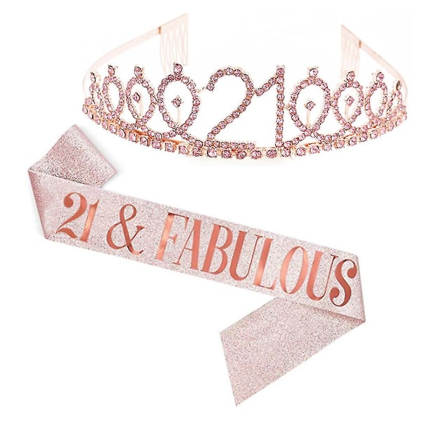 Glittrande strass-brevtryck sash tiara-set för kvinnor Rose Gold 21 år gammal