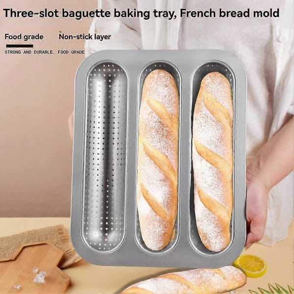 Baguetteform Fransk Brødform 3 Hulrum Bageplade Nonstick Langt Brød Toast Kageform Bageforme til Ovn Silver