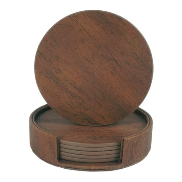 [KK]6-pack Reversible Coasters Walnut PU with Holder Brown