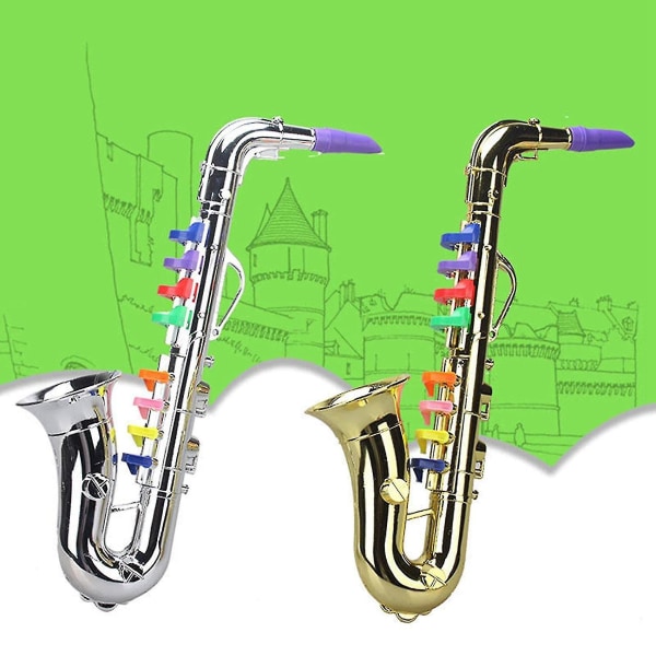 Minisaxofon - 8 färgade tangenter, metallisk simuleringsrekvisita för barns födelsedagsfest och blåsinstrumentspel