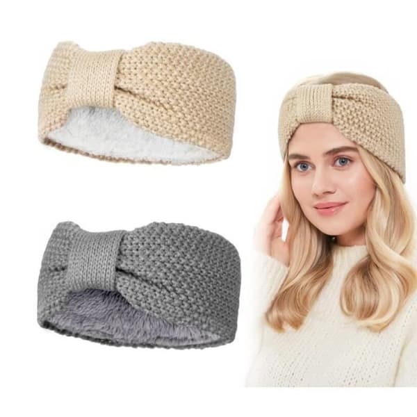 Vinterpannband - Dam - 2-delat set - Plyschfoder - Akryl - Grå, beige