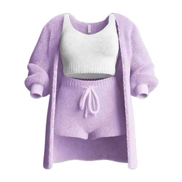 Naisten Mukava Plussinen Pyjama 3-osainen Setti Tyylissä Pehmeä Löysä Uniasu Sisätiloihin Makuuhuoneeseen Violetti Purple M